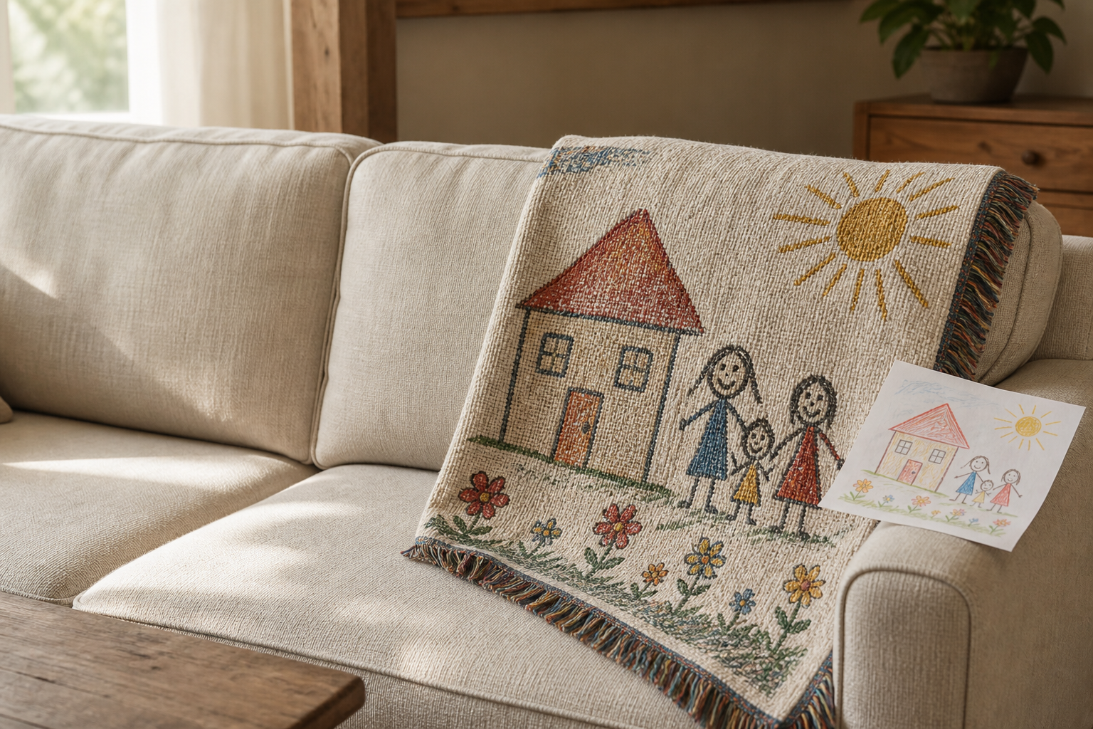 Illustration of a cotton woven blanket displaying a child's house and family drawing beside the source artwork